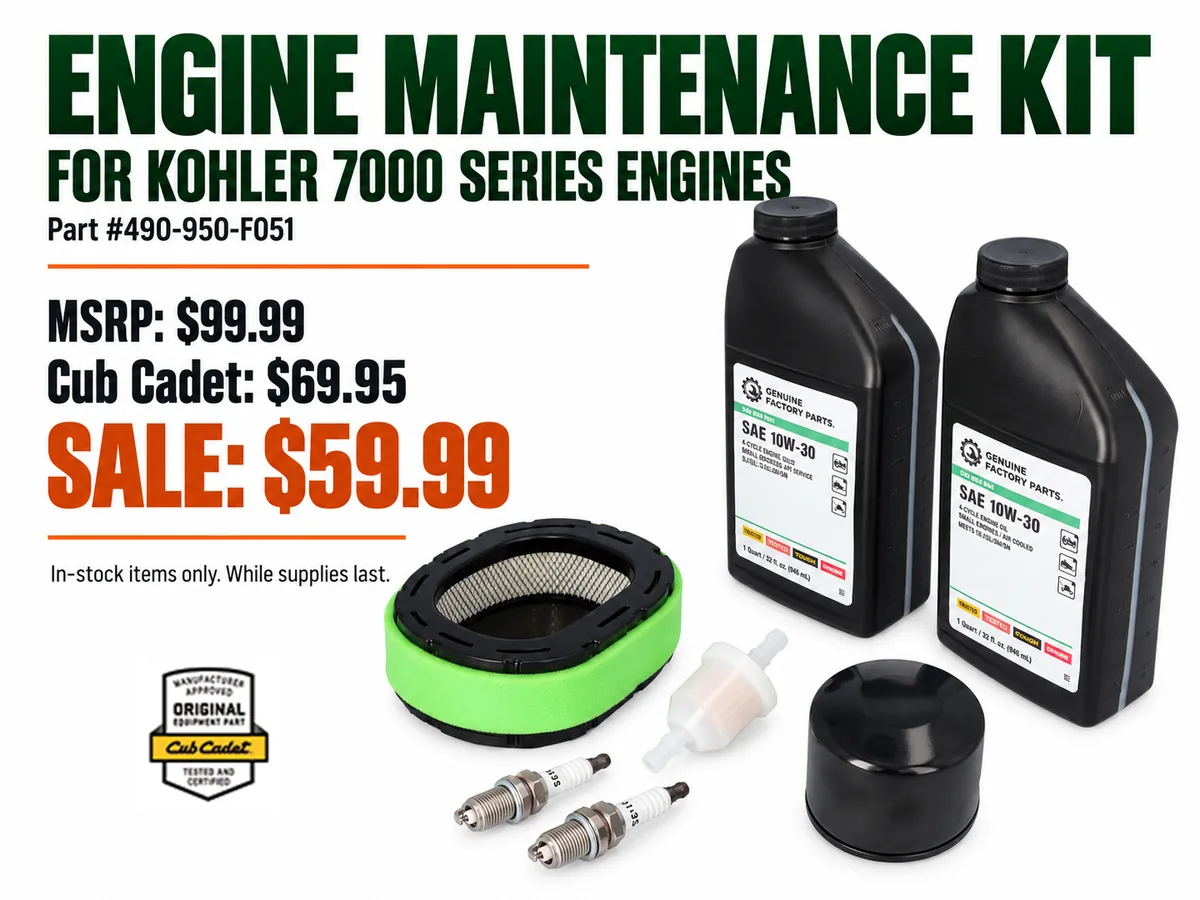 Kohler 7000 Series engine maintenance kit with engine oil, filters, and spark plugs, part 490-950-F051.